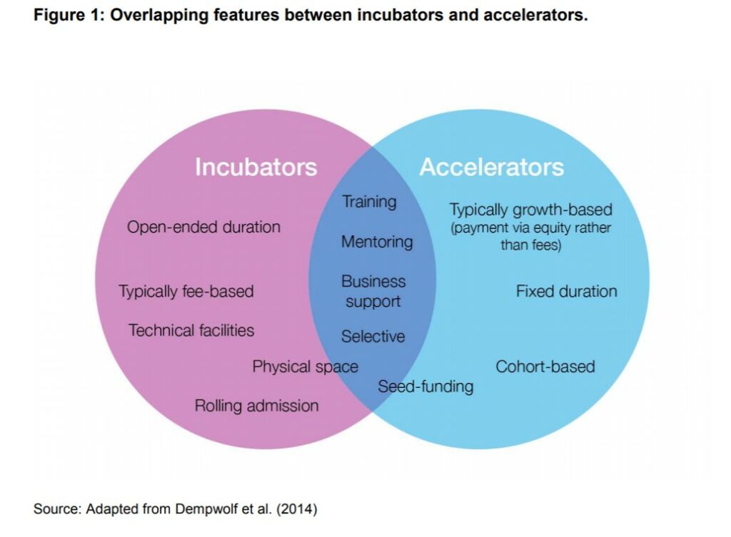 Venn diagram showing the overlapping features between accelerators and incubators