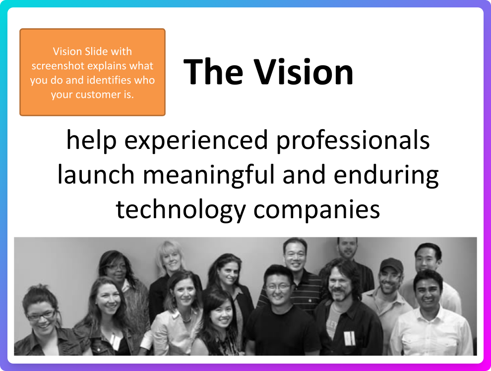 Vision slide from the Founder Institute pitch deck template 