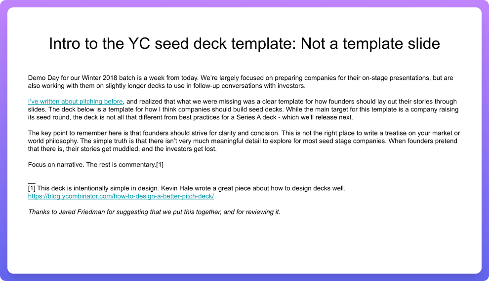 Y Combinator seed pitch deck template intro slide
